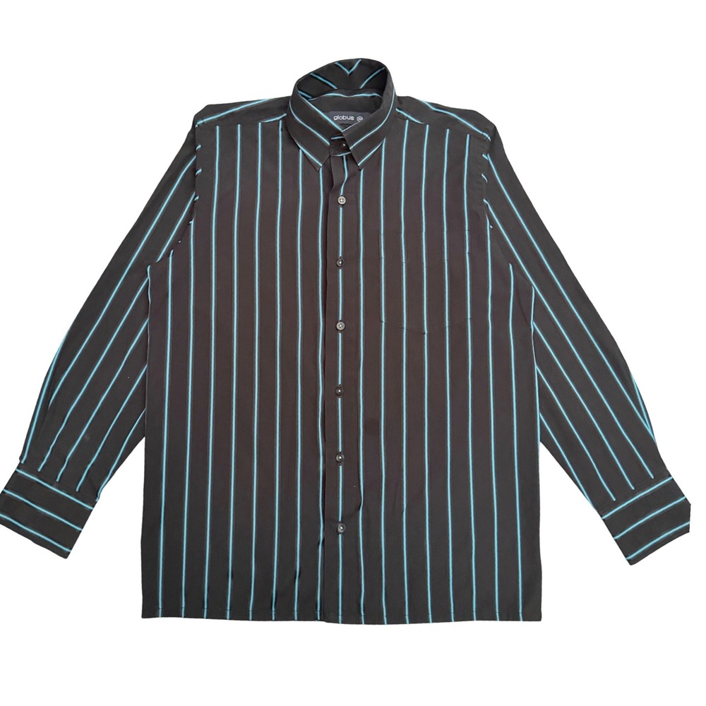 Globus Button Up Shirt Turquoise Stripe Black Y2K Clubwear Indie Sleaze L